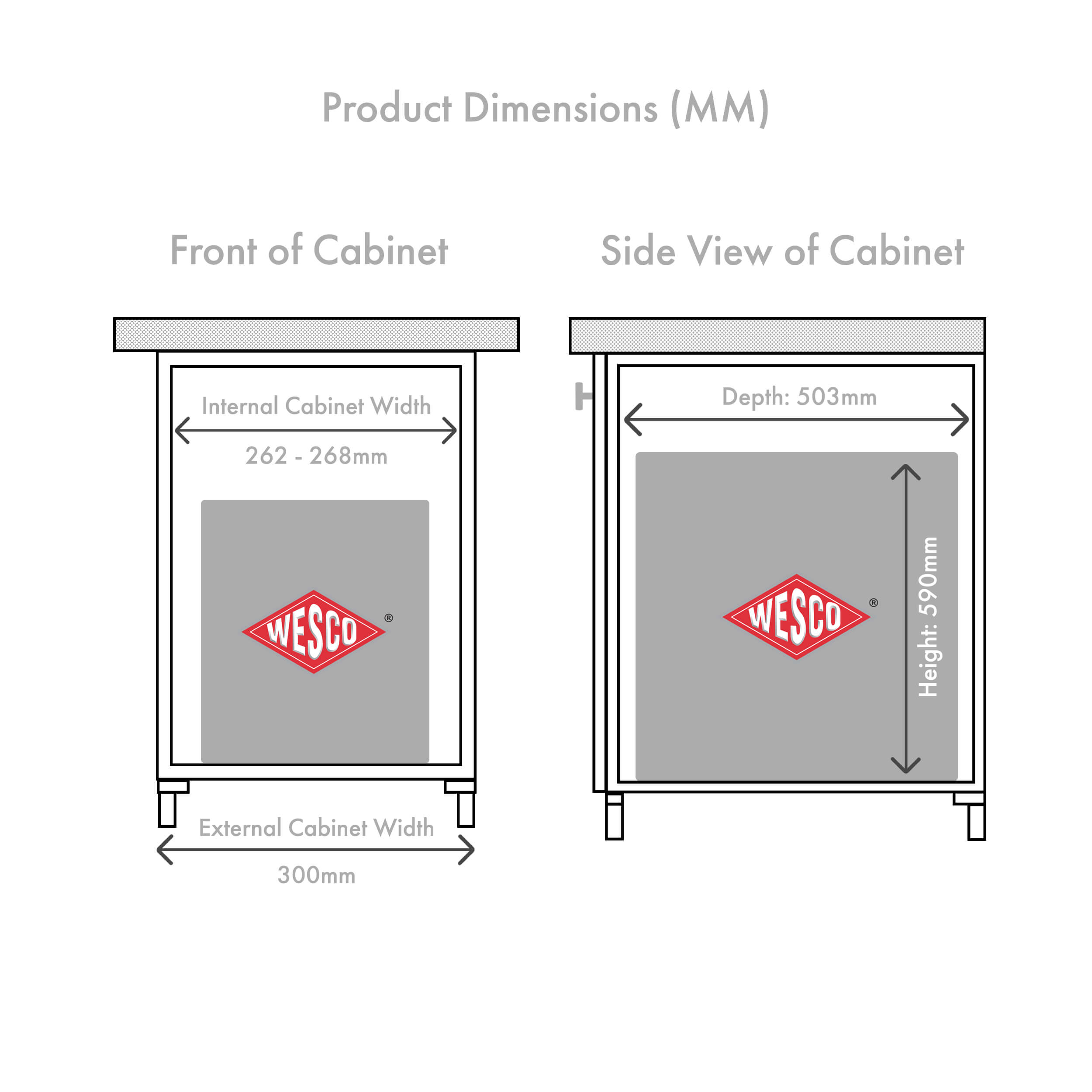 300AZ dimensions on line drawing showing the front and the side of the cabinet