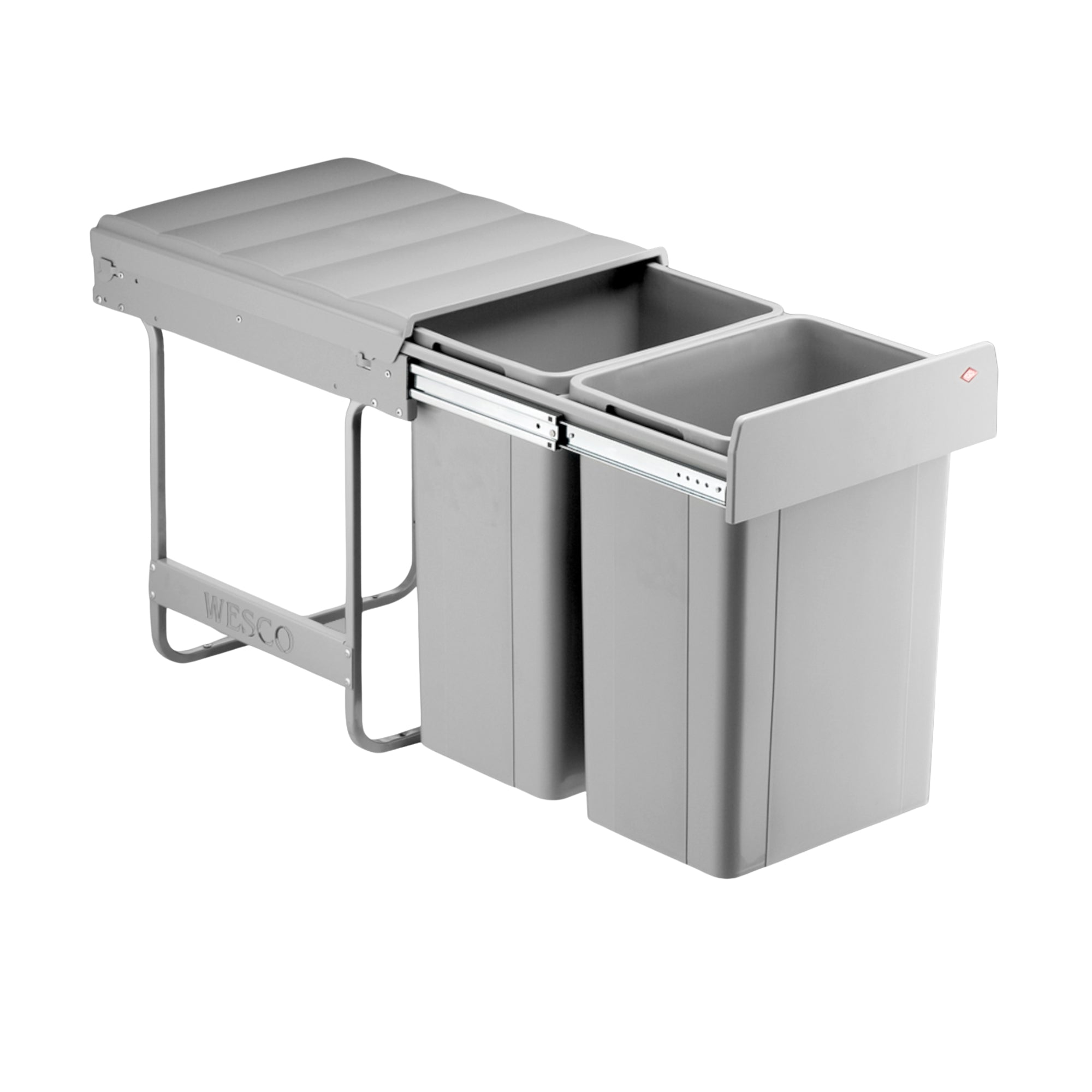 Wesco Big Bio-Double 52L pull out waste bin system for hinged doors in Alu Grey on a white back ground