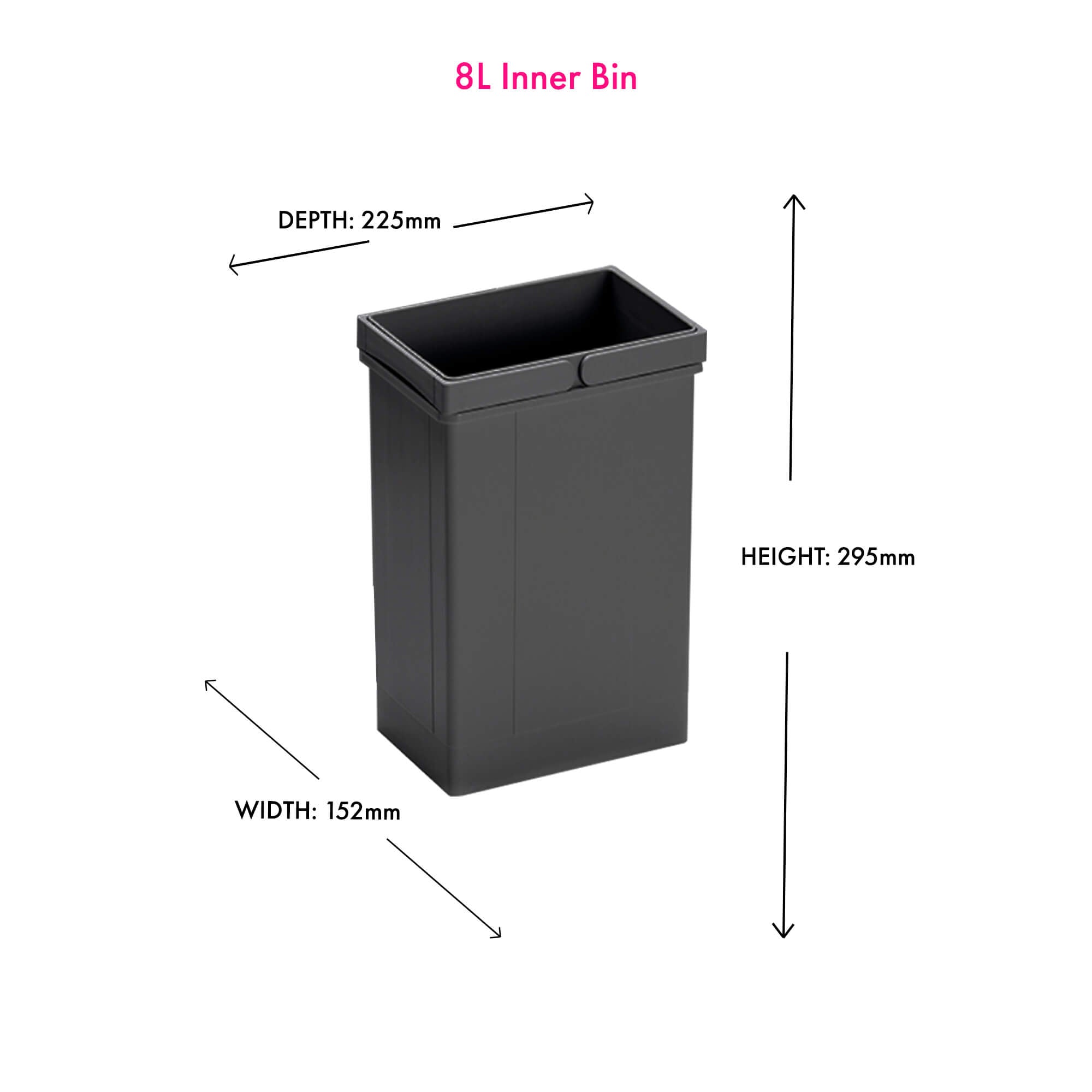 A dark grey 8L inner bin with double plastic handles for waste disposal systems.