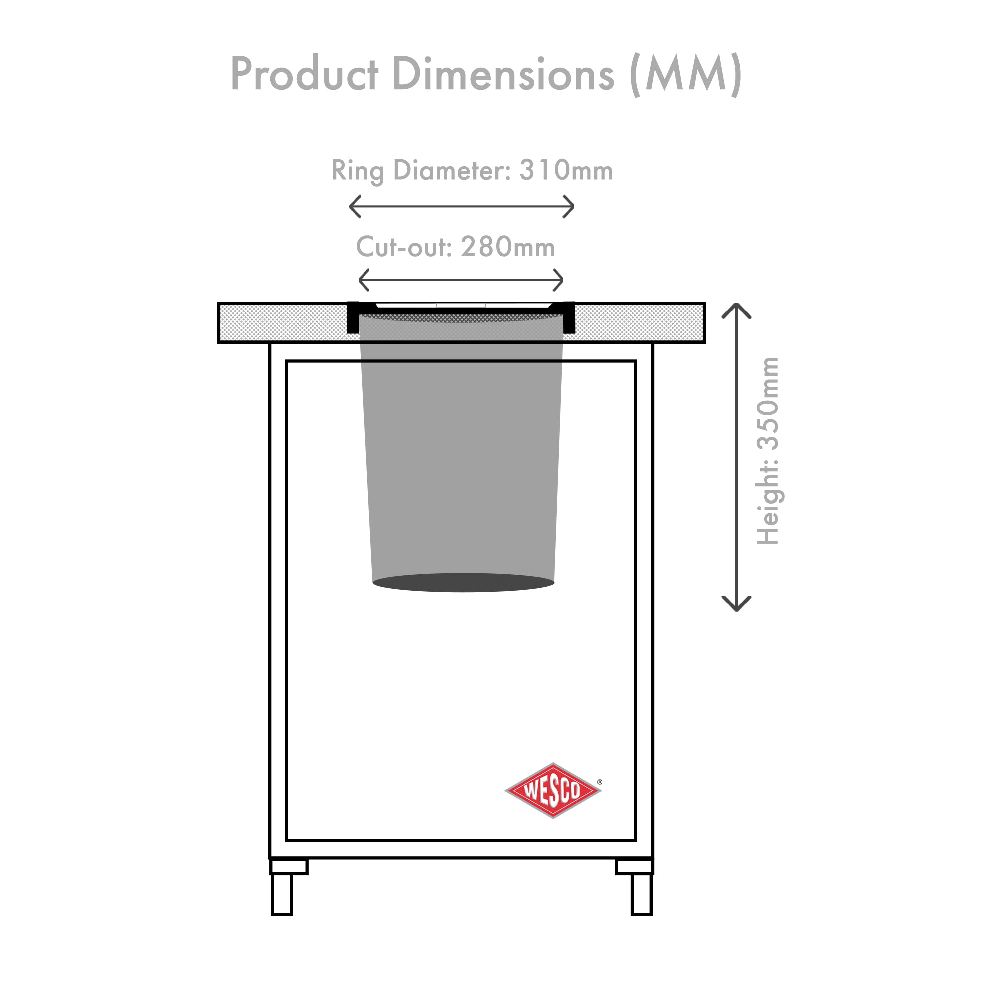 Dimensions drawing for the 13L Wesco Ergo Master on White background
