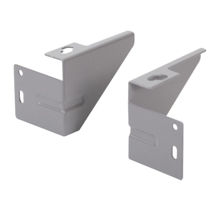 Two gray metal brackets designed for anchoring a Pullboy Z waste system to framed or shaker doors.